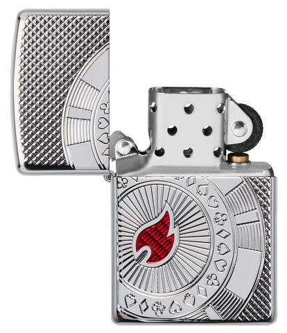 Armor® Poker Chip Design Windproof Lighter with its lid open and not lit