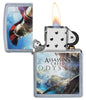 Assassins Creed Odyssey Street Chrome windproof lighter with its lid open and lit