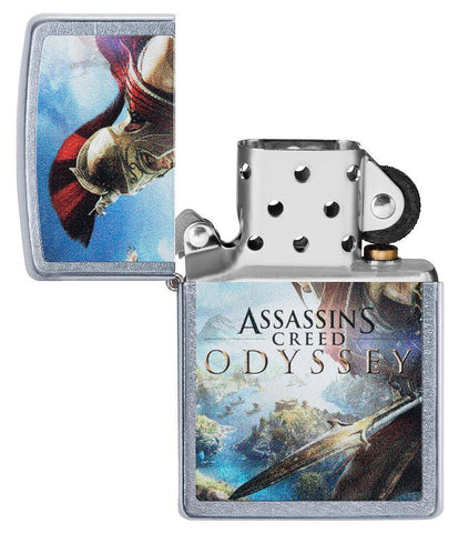 Assassins Creed Odyssey Street Chrome windproof lighter with its lid open and not lit