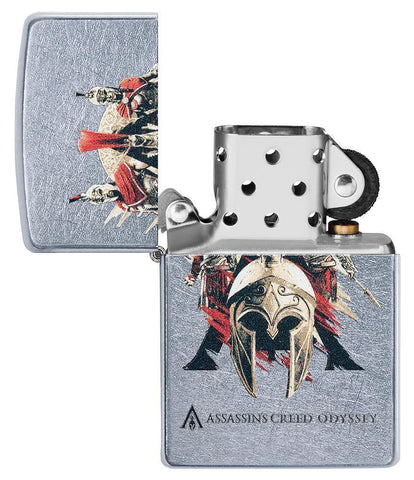 Assassins Creed Odyssey Helmet Street Chrome windproof lighter with its lid open and not lit