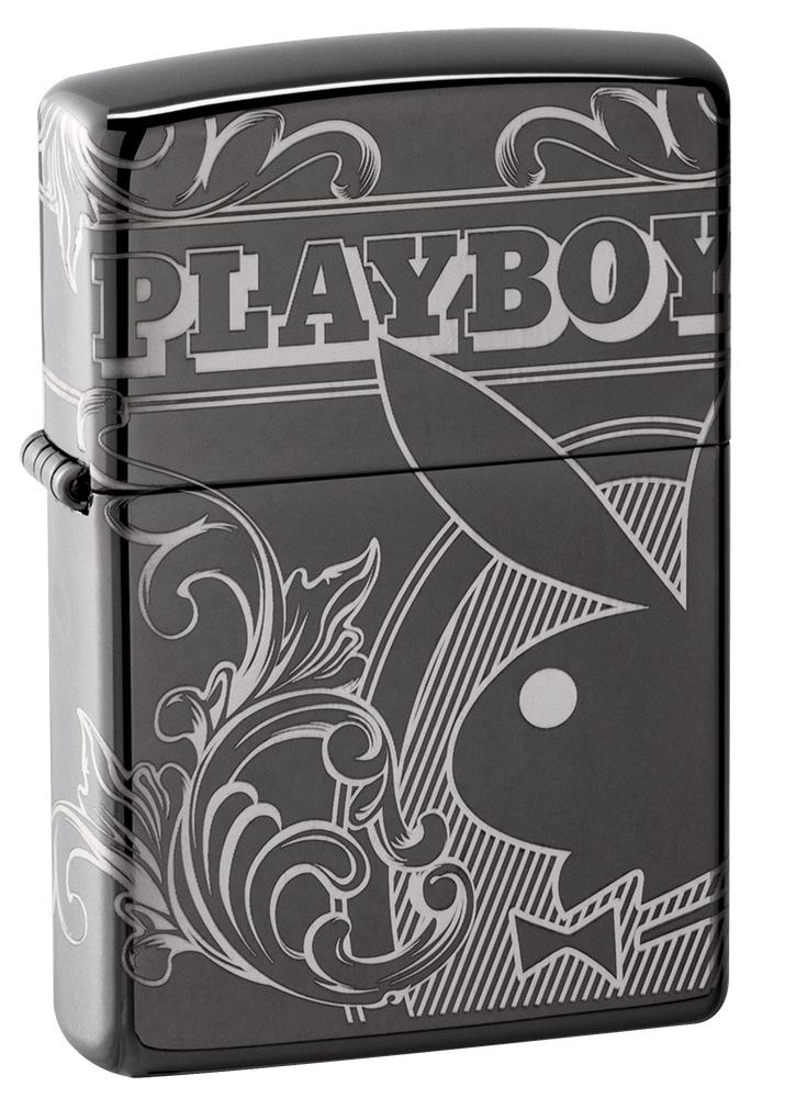 Playboy Laser 360 Design Black Ice windproof lighter facing forward at a 3/4 angle