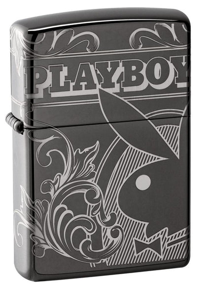 Playboy Laser 360 Design Black Ice windproof lighter facing forward at a 3/4 angle