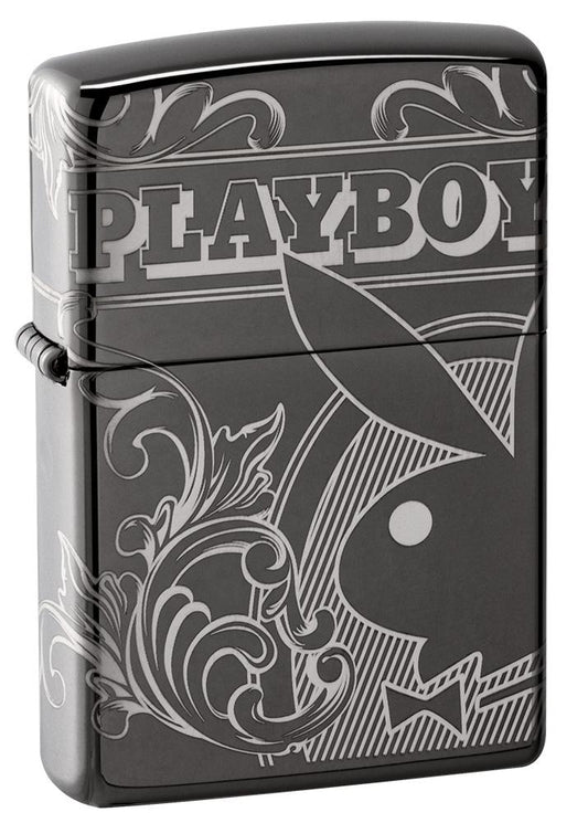 Playboy Laser 360 Design Black Ice windproof lighter facing forward at a 3/4 angle