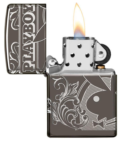 Playboy Laser 360 Design Black Ice windproof lighter with its lid open and lit