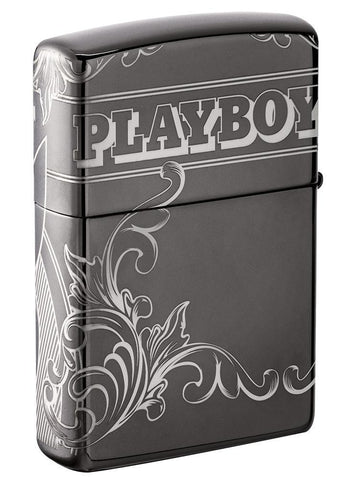 Back of Playboy Laser 360 Design Black Ice windproof lighter at a 3/4 angle