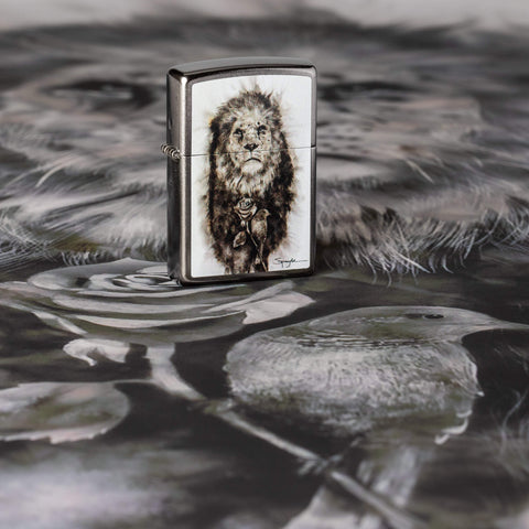 Lifestyle image of Spazuk Lion with Rose Windproof Lighter standing on Spazuk artwork