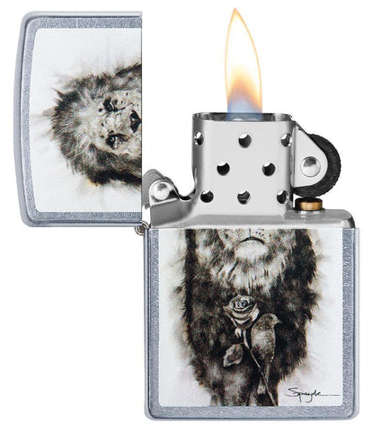 Spazuk Lion design Street Chrome windproof lighter with its lid open and lit