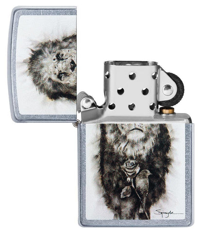 Spazuk Lion design Street Chrome windproof lighter with its lid open and not lit