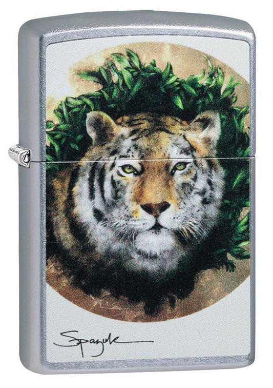 Spazuk Tiger design windproof lighter facing forward at a 3/4 angle
