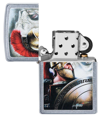 Mazzi Roman Street Chrome windproof lighter with its lid open and not lit