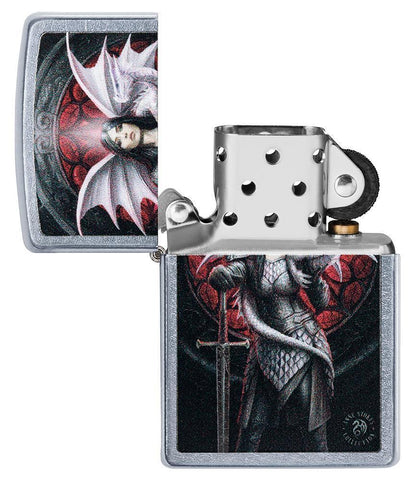 Anne Stokes Dragon Warrior Street Chrome windproof lighter with its lid open and not lit