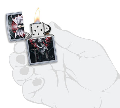Anne Stokes Dragon Warrior Street Chrome windproof lighter lit in hand