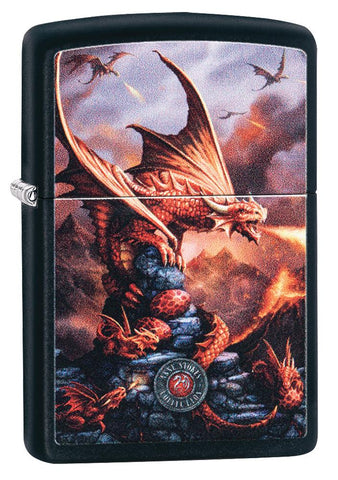 Anne Stokes Dragon design Black Matte windproof lighter facing forward at a 3/4 angle