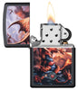 Anne Stokes Dragon design Black Matte windproof lighter with its lid open and lit