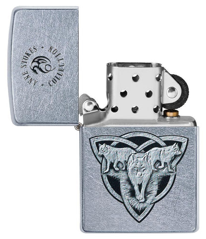 Anne Stokes Wolf design Street Chrome windproof lighter with its lid open and not lit