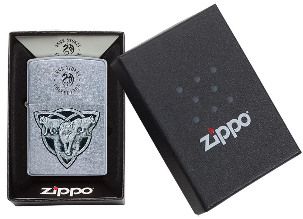 Anne Stokes Wolf design Street Chrome windproof lighter in packaging