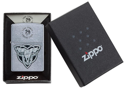 Anne Stokes Wolf design Street Chrome windproof lighter in packaging