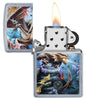 Anne Stokes Dragon Design Street Chrome windproof lighter with its lid open and lit