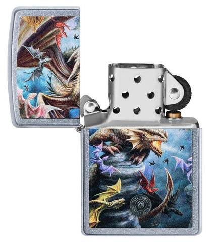 Anne Stokes Dragon Design Street Chrome windproof lighter with its lid open and not lit