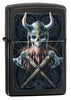 Anne Stokes Viking Skull High Polish Black windproof lighter facing forward at a 3/4 angle