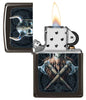 Anne Stokes Viking Skull High Polish Black windproof lighter with lid open and lit