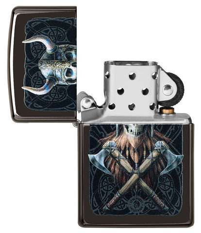Anne Stokes Viking Skull High Polish Black windproof lighter with lid open and not lit