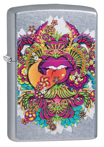 Psychedelic Lip Design Street Chrome Lighter facing forward at a 3/4 angle