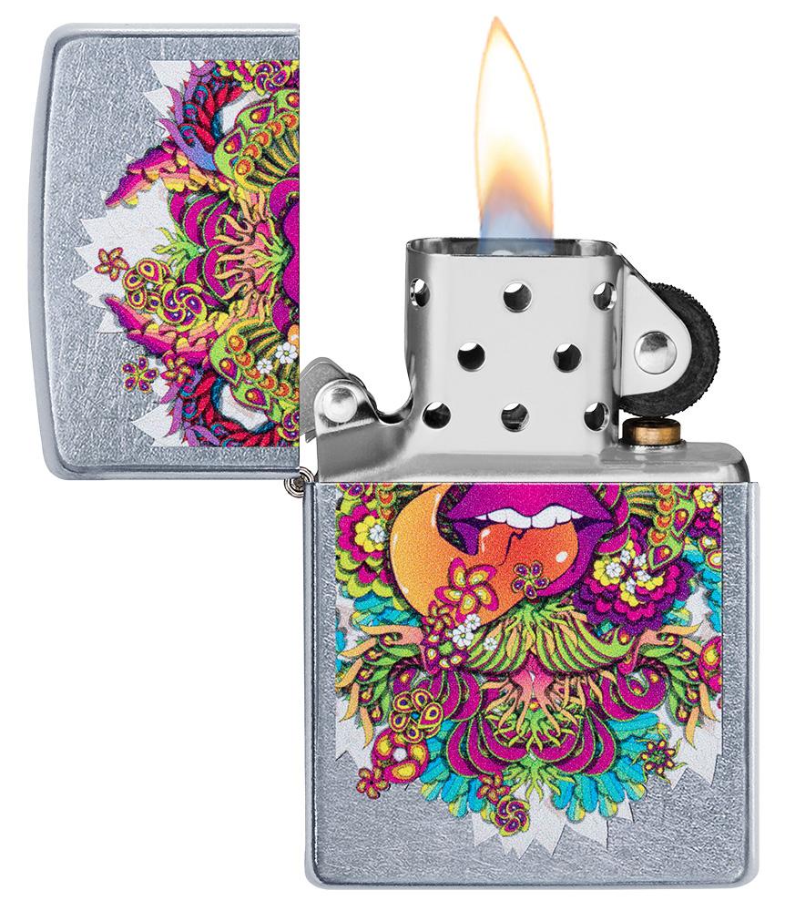 Psychedelic Lip Design Street Chrome Lighter with its lid open and lit
