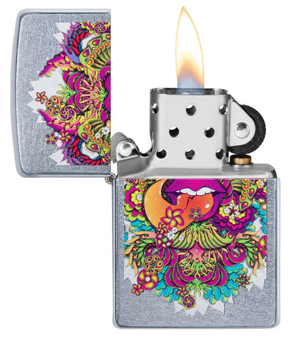 Psychedelic Lip Design Street Chrome Lighter with its lid open and lit