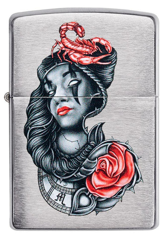 Front of stylised Tattoo Design Brushed Chrome Windproof Lighter