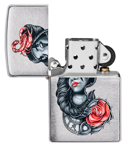 stylised Tattoo Design Brushed Chrome Windproof Lighter with its lid open a not lit