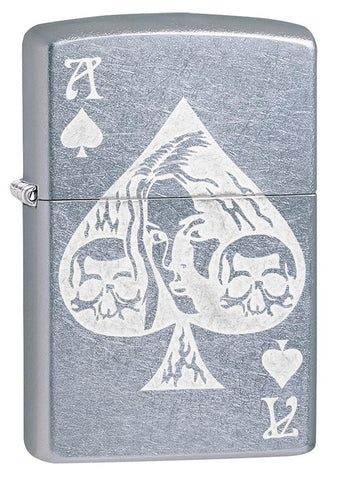 Ace of Spades Goth Street Chrome windproof lighter facing forward at a 3/4 angle