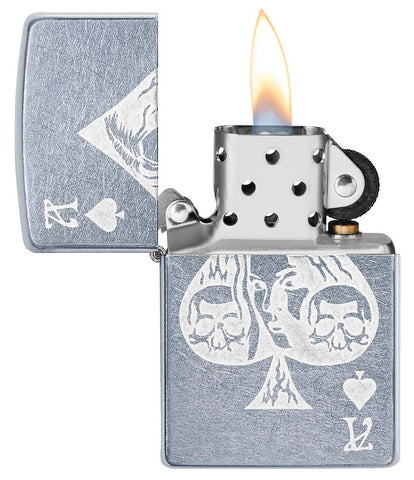 Ace of Spades Goth Street Chrome windproof lighter with its lid open and lit