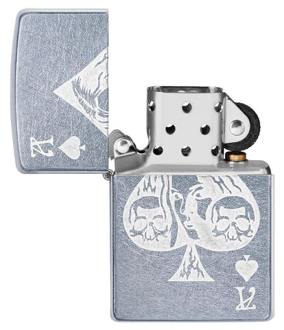 Ace of Spades Goth Street Chrome windproof lighter with its lid open and not lit