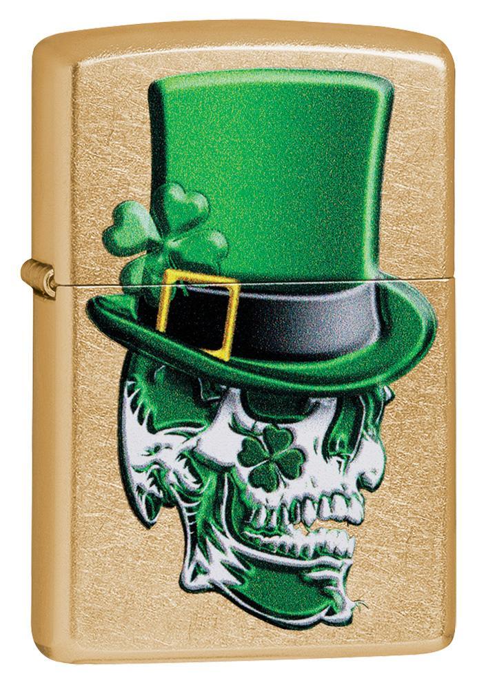 Irish Skull Design Gold Dust Windproof Lighter facing forward at a 3/4 angle