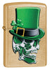 Irish Skull Design Gold Dust Windproof Lighter facing forward at a 3/4 angle