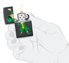 Dabbing Leprechaun Black Matte Windproof Lighter in hand and lit