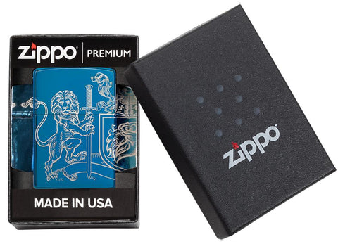 Medieval Coat of Arms 360° Design High Polish Blue Windproof Lighter in its premium packaging