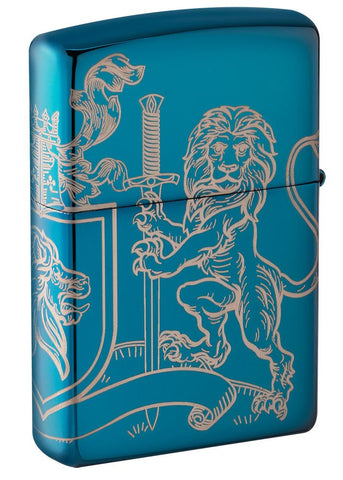 Medieval Coat of Arms 360° Design High Polish Blue Windproof Lighter facing backwards at a 3/4 angle