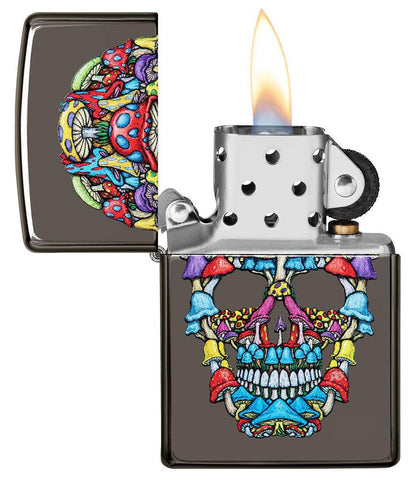Mushroom Skull Design Black Ice Windproof Lighter with its lid open and lit