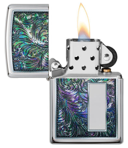 Colorful Venetian Design High Polish Chrome Windproof Lighter with its lid open and lit