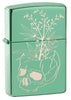 Botanical Design High Polish Green windproof lighter facing forward at a 3/4 angle