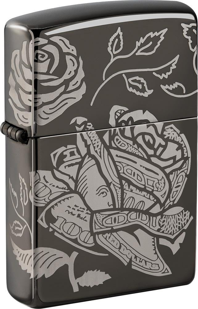 Currency 360 Design Black Ice windproof lighter facing forward at a 3/4 angle