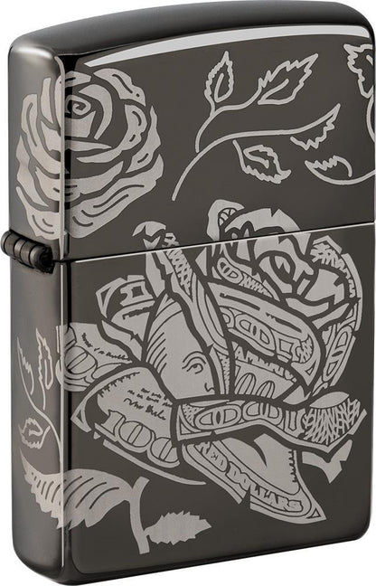 Currency 360 Design Black Ice windproof lighter facing forward at a 3/4 angle