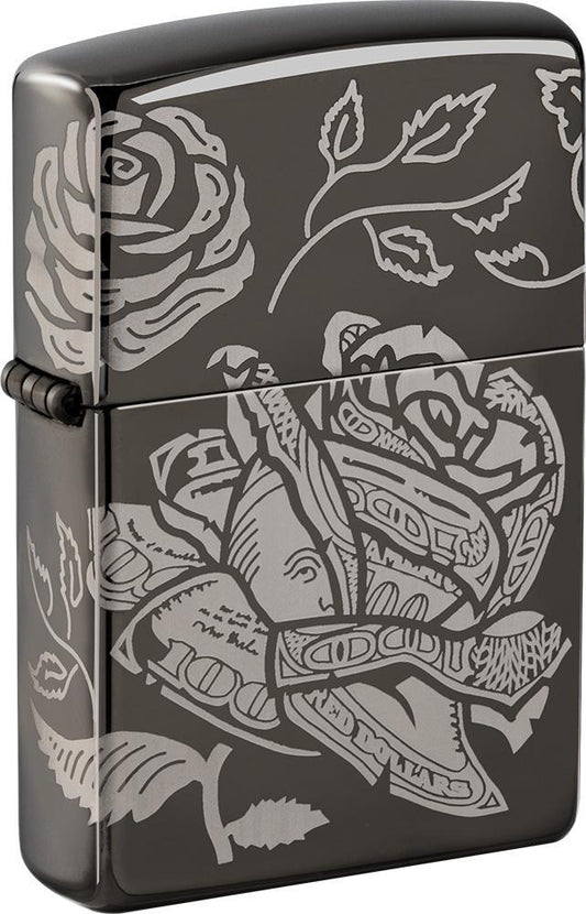 Currency 360 Design Black Ice windproof lighter facing forward at a 3/4 angle