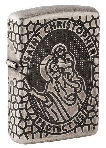 Armor St. Christopher Metal Antique Silver Windproof Lighter facing forward at a 3.4 angle