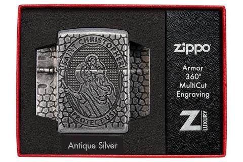 Armor St. Christopher Metal Antique Silver Windproof Lighter in luxury packaging