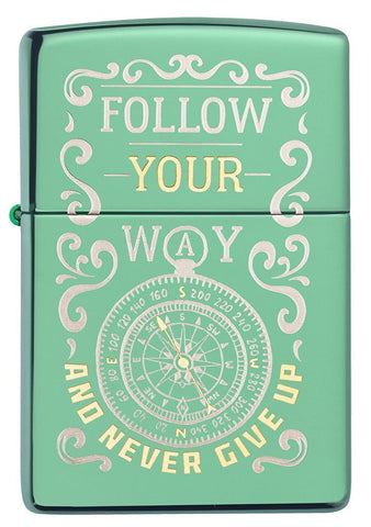 Front of Follow Your Way High Polish Green Windproof Lighter
