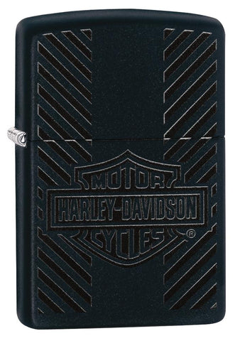 Harley-Davidson® Classic Logo Black Matte Windproof Lighter facing forward at a 3/4 angle