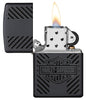 Harley-Davidson® Classic Logo Black Matte Windproof Lighter with its lid open and lit